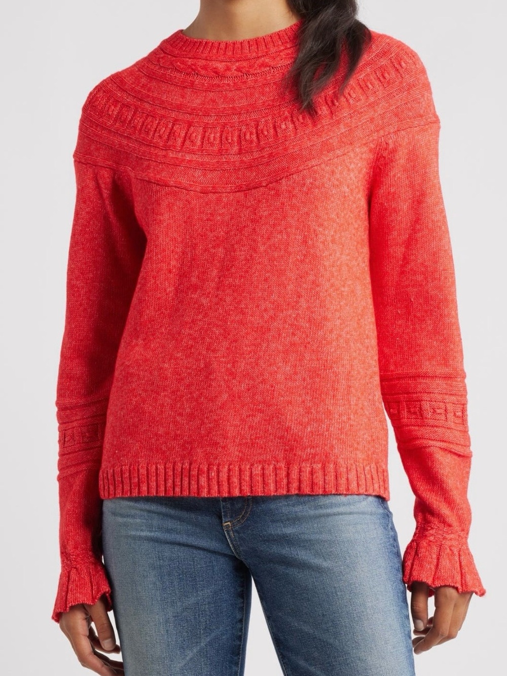 NIC+ZOE Red Textured Crewneck Ruffled Sleeves Women’s Sweater